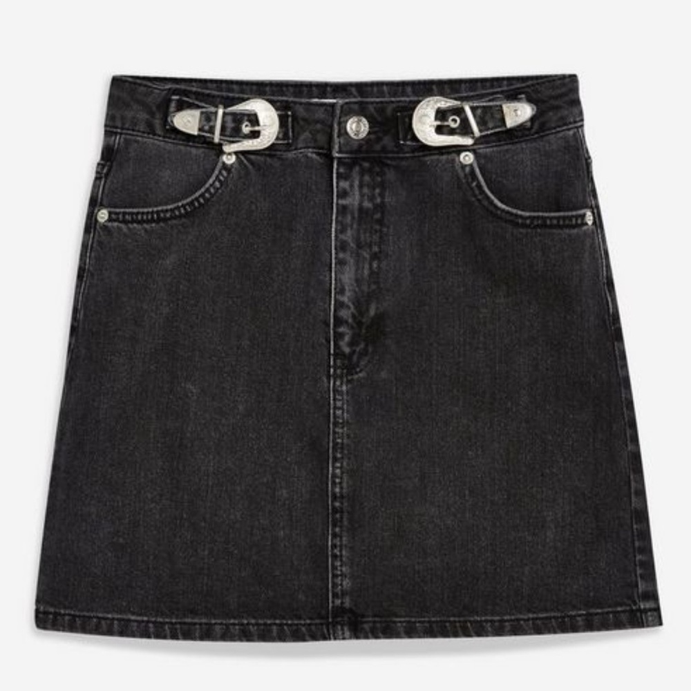 TOPSHOP | Black Denim Skirt with Silver Western Buckles 8